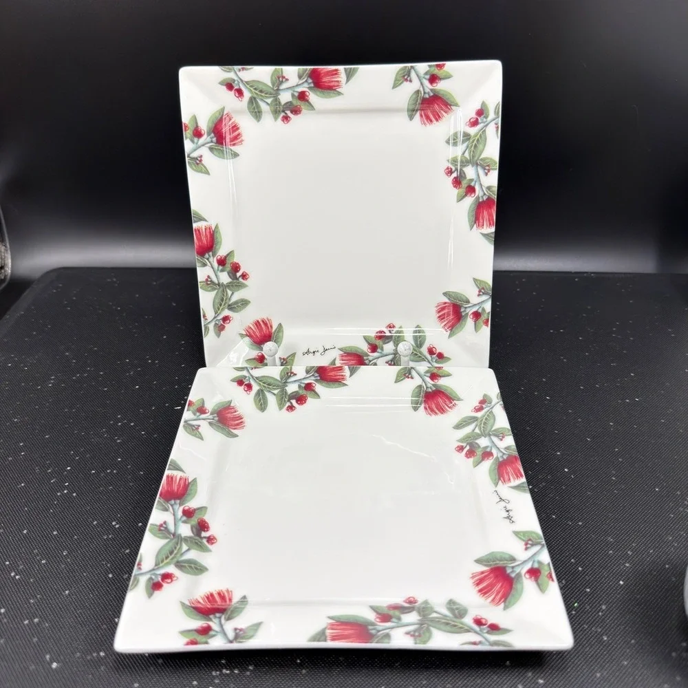 Angie Dennis Intuition Square Plates Set of 2 Red Pohutukawa‎ New Zealand Floral